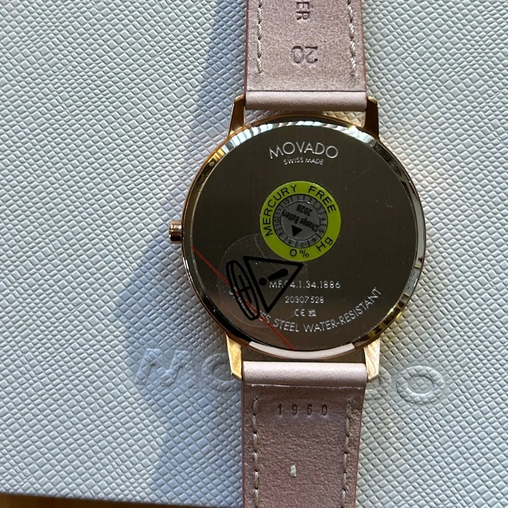 Movado Face Watch With 41mm SilverWhite Face With & Light Pink Leather Band - Picture 4 of 7